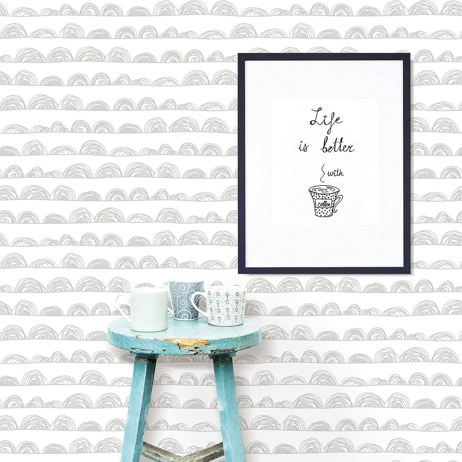 Gray and White Doodle Scallop Peel and Stick Wallpaper Roll