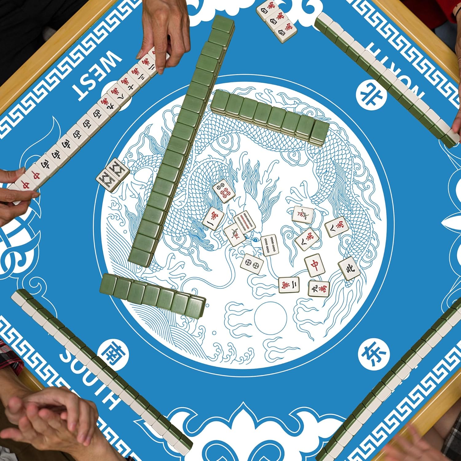 Mahjong Mat, Anti Slip Blue Mahjong Mat for Table with Black Carrying Bag Noise-Reducing Mahjong Table Mat for Poker, Board Games, Dominoes (31.5”x 31.5”)