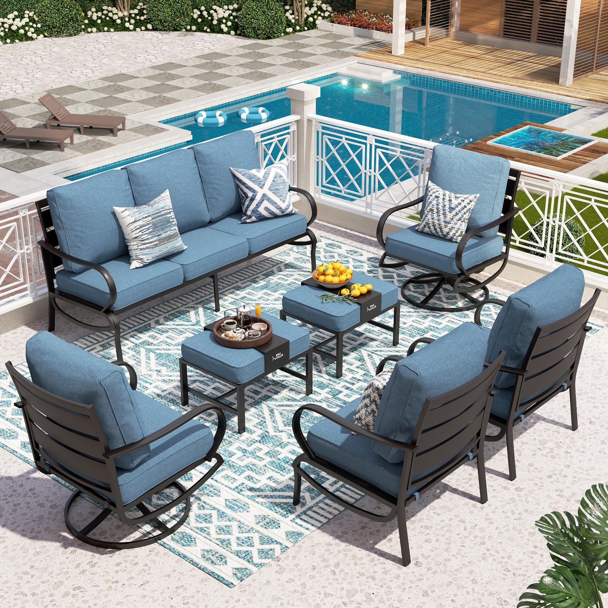 PHI VILLA 7 PCS Patio Furniture Set,Metal Outdoor Furniture with 1x 3 Seater Cushioned Deep Seating Bench Sofa, 2 Swivel Chair, 2 x Leg Chairs & 2