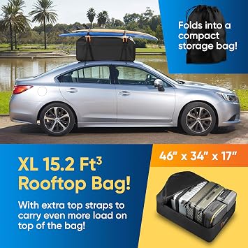 Waterproof Car Roof Bag - Car Rooftop Cargo Carrier Bag 15 Cubic Ft Roof Rack Cargo Carrier, Includes Anti-Slip Mat, 4 Door Hooks, Reinforced Zipper/Buckle, with or Without Rack
