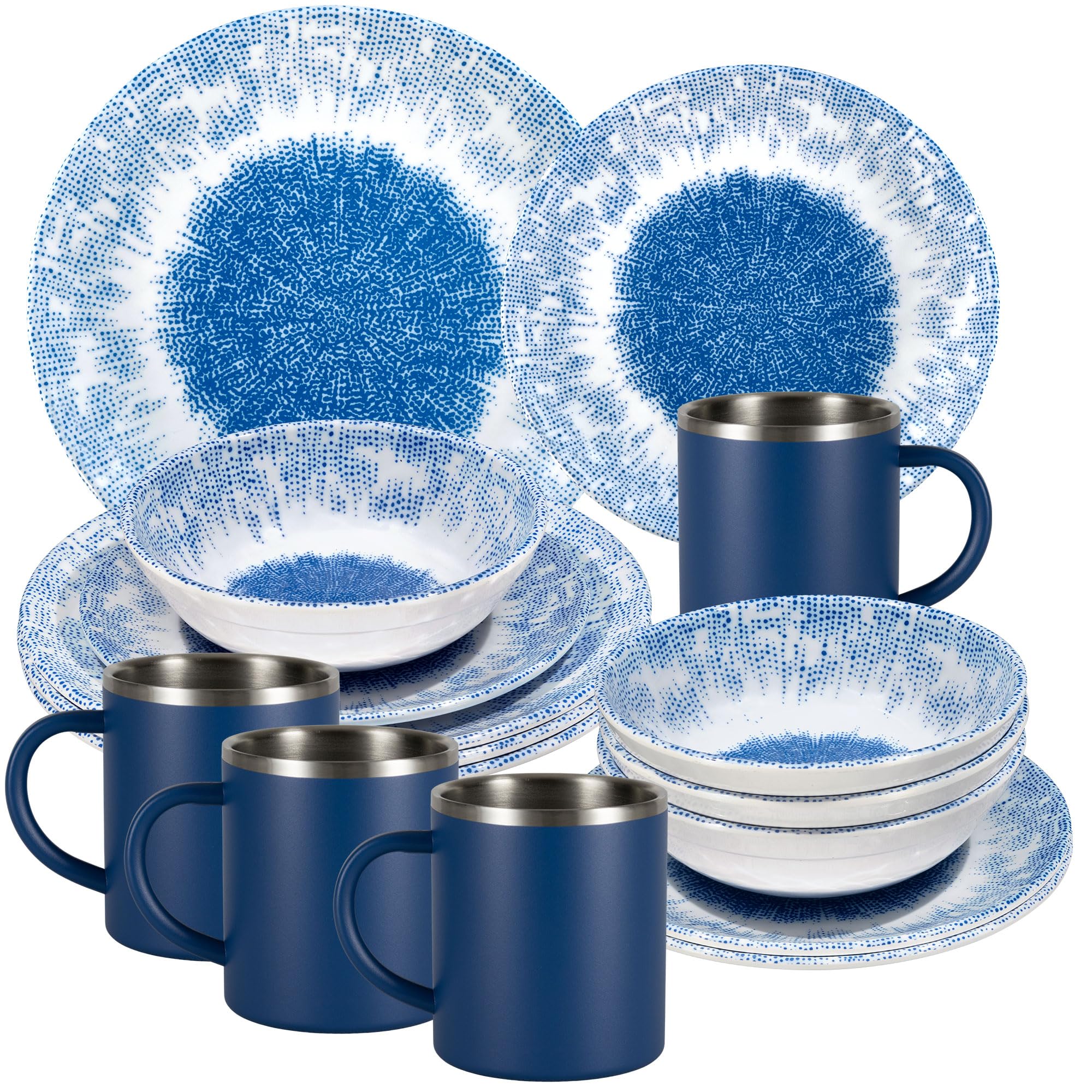 Wish Flower Ensemble de vaisselle en mélamine - Avec tasses thermiques en acier inoxydable - Aspect pierre - Passe au lave-vaisselle - Accessoire de camping - Vaisselle de camping - Pour caravane