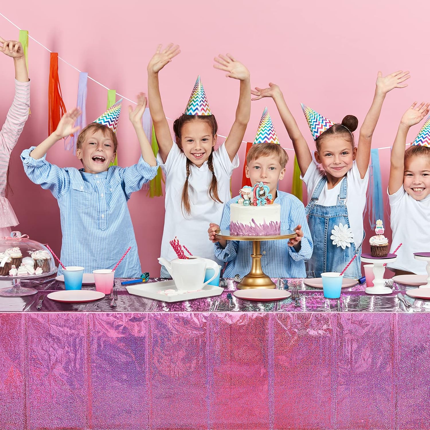 4 Pack Iridescence Plastic Tablecloths Shiny Disposable Laser Rectangle Table Covers Holographic Foil Tablecloth Iridescent Party Decoration Birthday Bridal Wedding Christmas 54" x 108" (Pink)