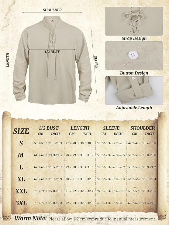 Renaissance Costume Men, Medieval Costume Men Renaissance Outfit Viking Shirt Pants Halloween Belt Accessories