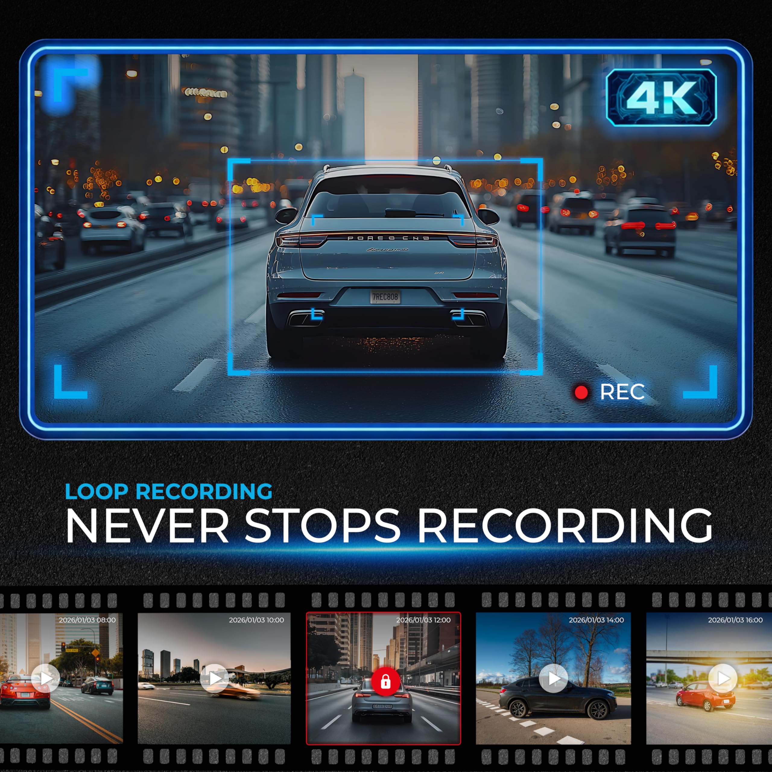 AutoSky Podwójna kamera na deskę rozdzielczą 4K z GPS i Wi-Fi – kamera przednia 4K Ultra HD, kamera tylna 1080p, szeroki kąt 140°, czujnik G, nagrywanie w pętli i poklatkowe, widoczność w nocy
