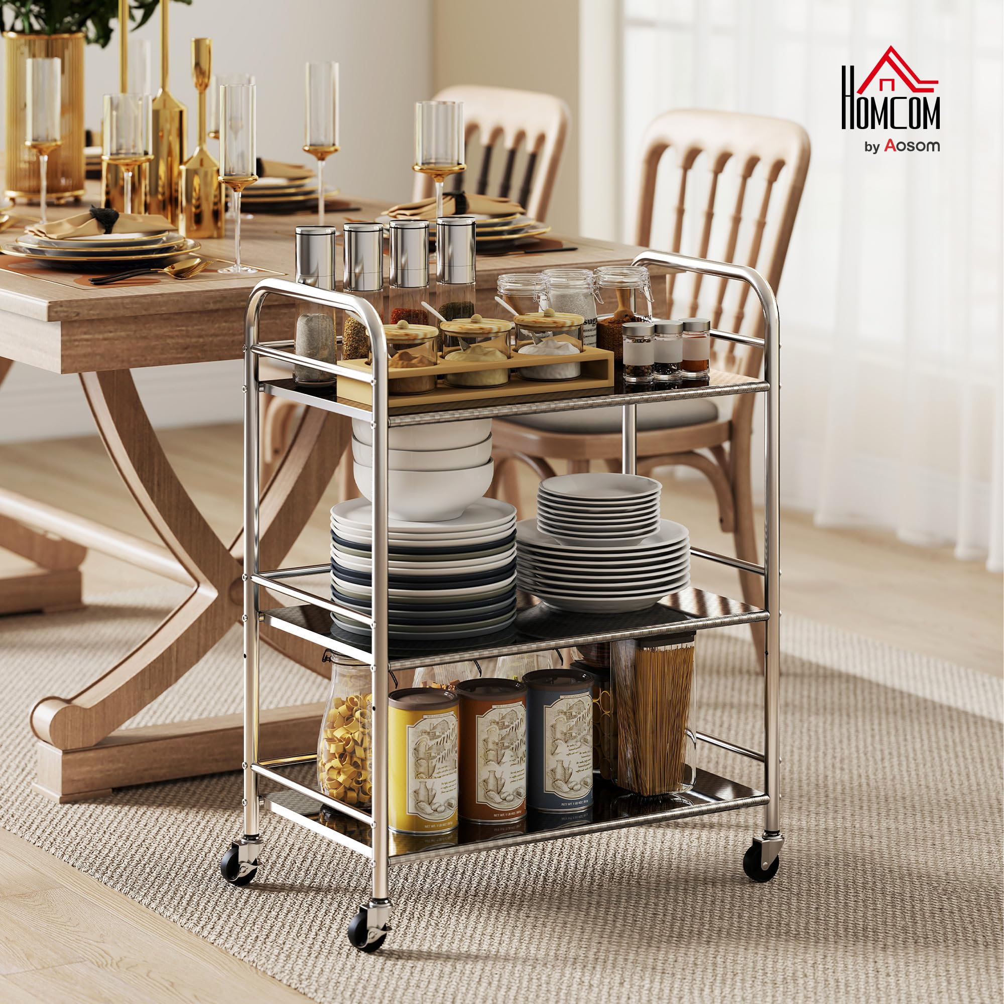 HOMCOM Carrito Auxiliar con Ruedas de Acero Inoxidable, Carro de Servicio de 3 Niveles con Estante Ajustable, 4 Ruedas, Carrito para Cocina, Restaurante, 60x35x77 cm, Plata