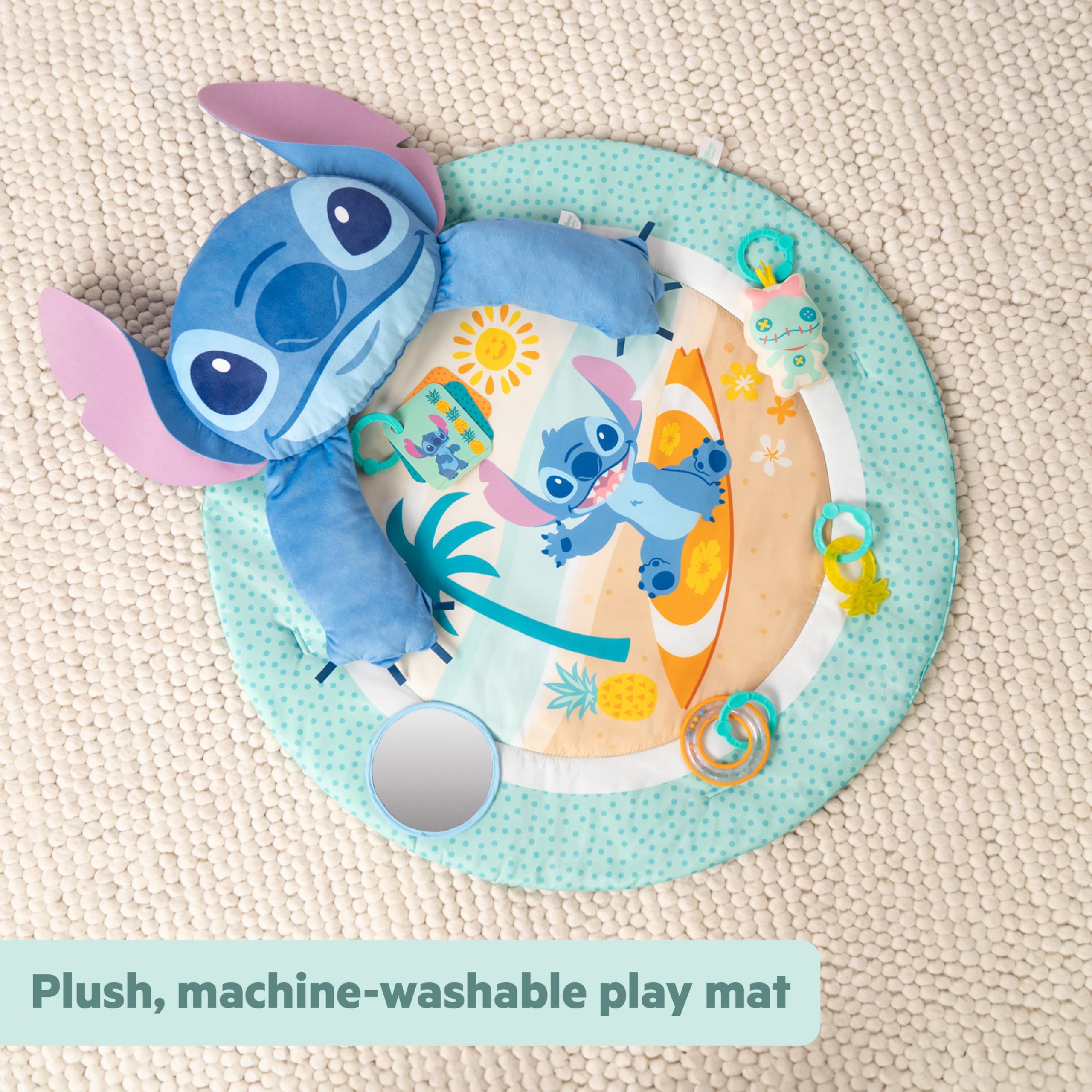 Bright Starts Disney Baby Stitch Party in Paradise - Palestrina multiattività con cuscino per tummy time e 5 giochi portatili, 0+ mesi
