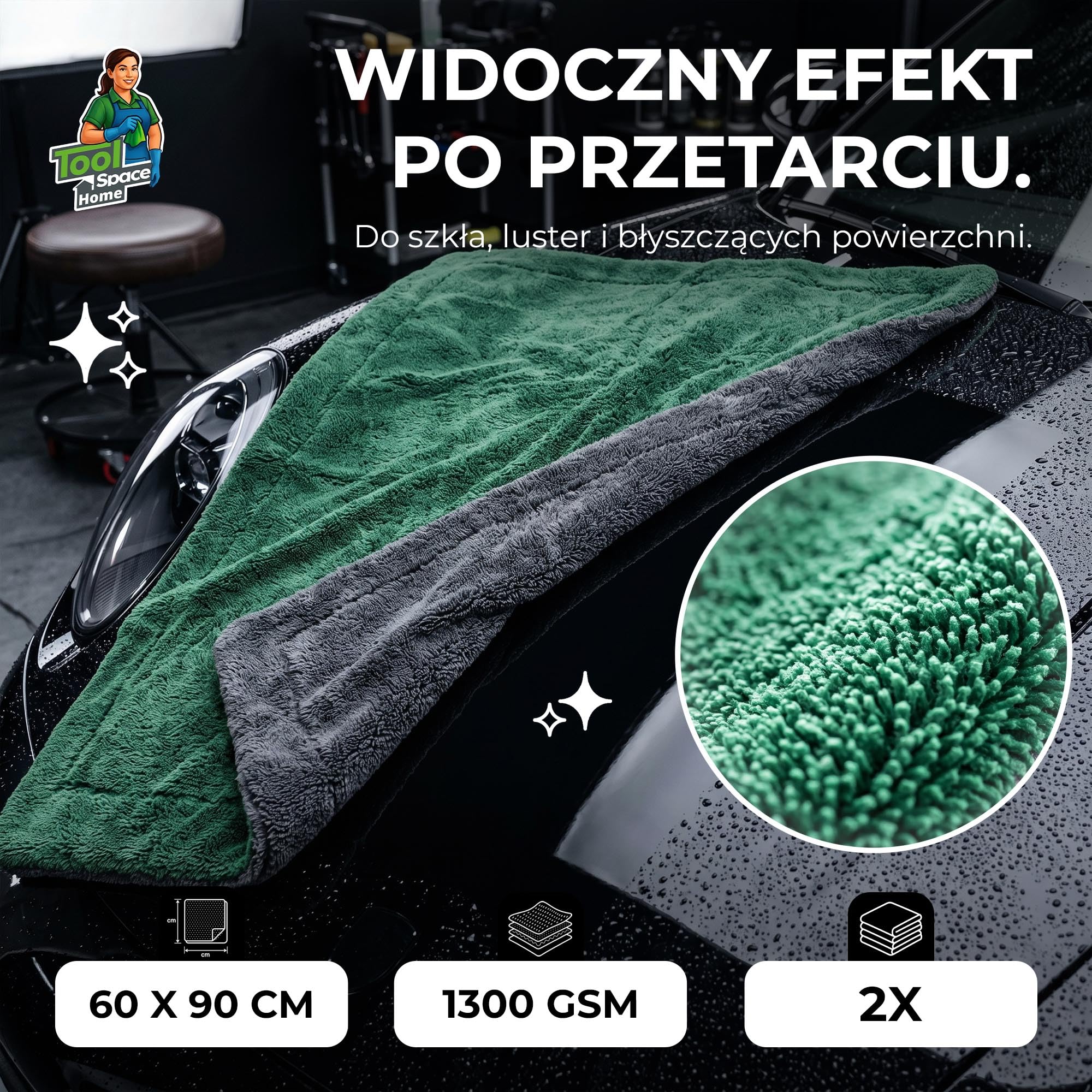 ToolSpace Ręcznik Samochodowy z Mikrofibry 60x90cm 2 szt. 1300 gsm do Osuszania Auta Lakieru Szyb Karoserii Chłonny Miękki Wielorazowy Bez Smug Premium Detailing Mycie Samochodu Mikrofibra Gruby Duży