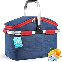 27L Einkaufskorb Kühltasche, Kühlkorb Groß Faltbar Mit Kühlfunktion, Picknickkorb aus 600D Oxford-Gewebe mit Henkel für Büro Camping Picknick Reisen (Marineblau)