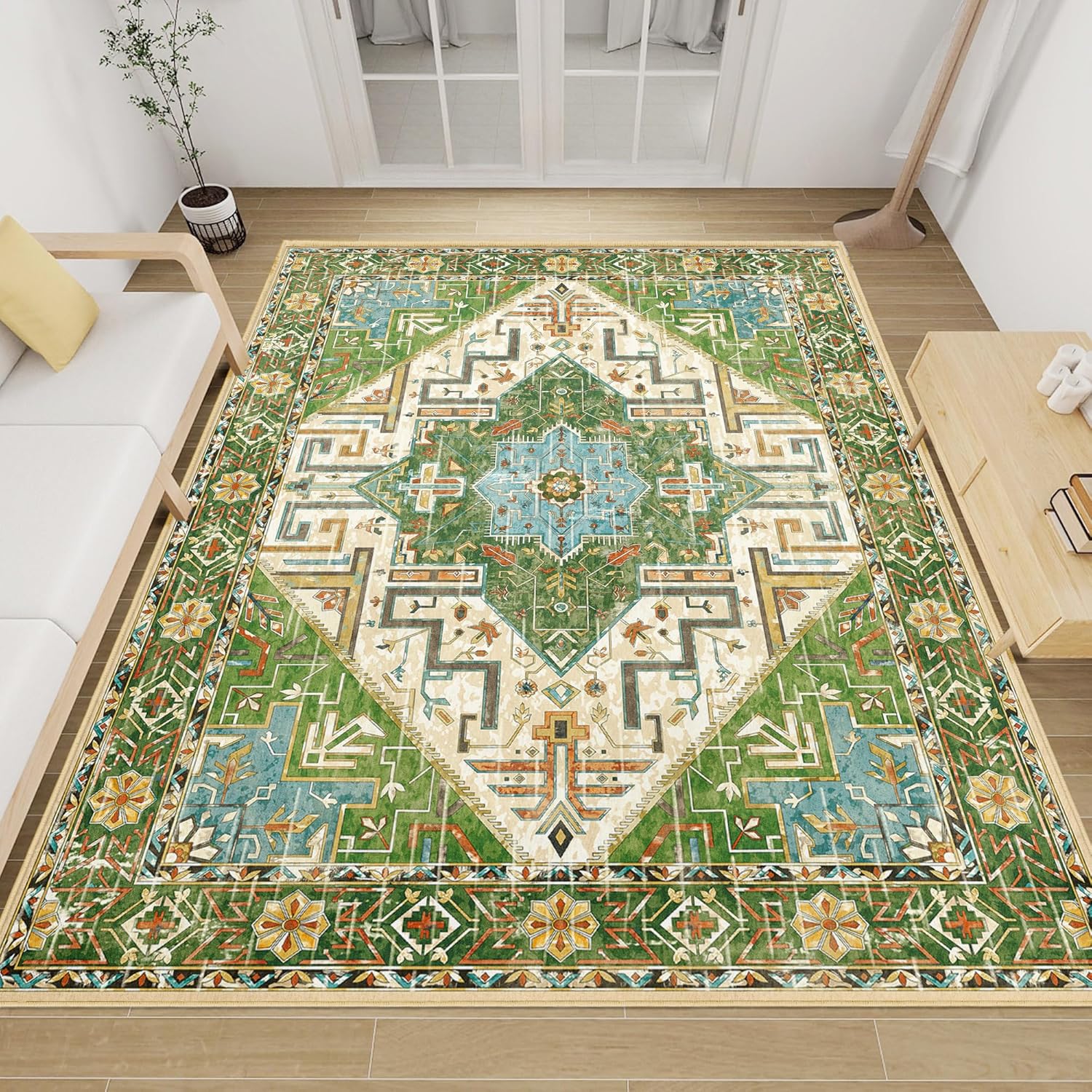 Arenarug Boho Area Rug 5x7 Bohemian Washable for Living Room Bedroom Rugs Non-Slip Stain Resistant Vintage Oriental Floor Carpet Large Rug Indoor for Kitchen Dining Room Office Home Decor, Green