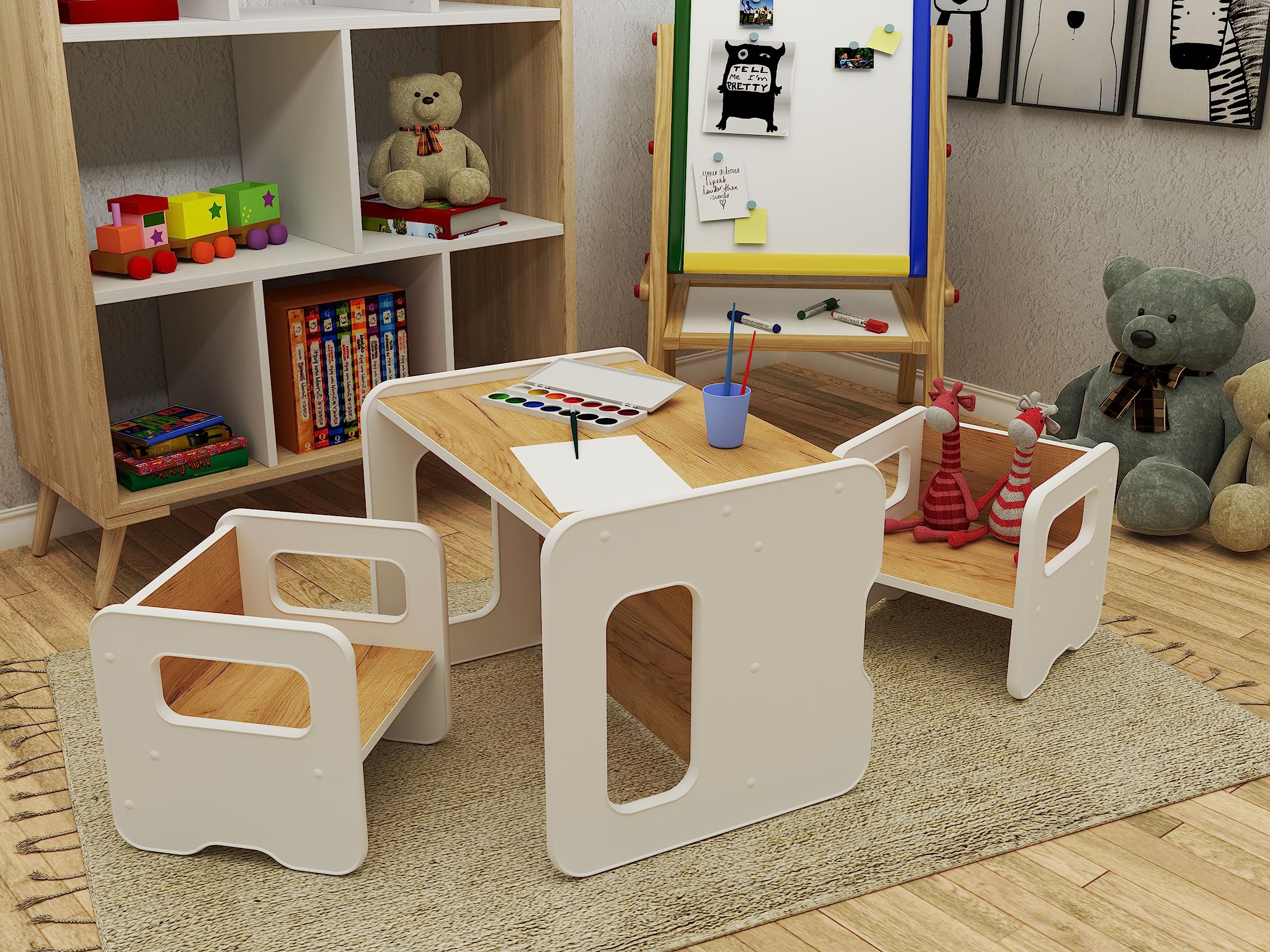 defiPad Panca per bambini multifunzione in legno con 2 altezze e funzione tavolino (Bianco + Rovere)