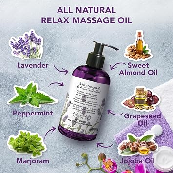 Relax Therapeutic Body Massage Oil - with Best Essential Oils for Sore Muscles & Stiffness Lavender, Peppermint & Marjoram - All Natural - with Sweet Almond, Grapeseed & Jojoba Oil 8oz