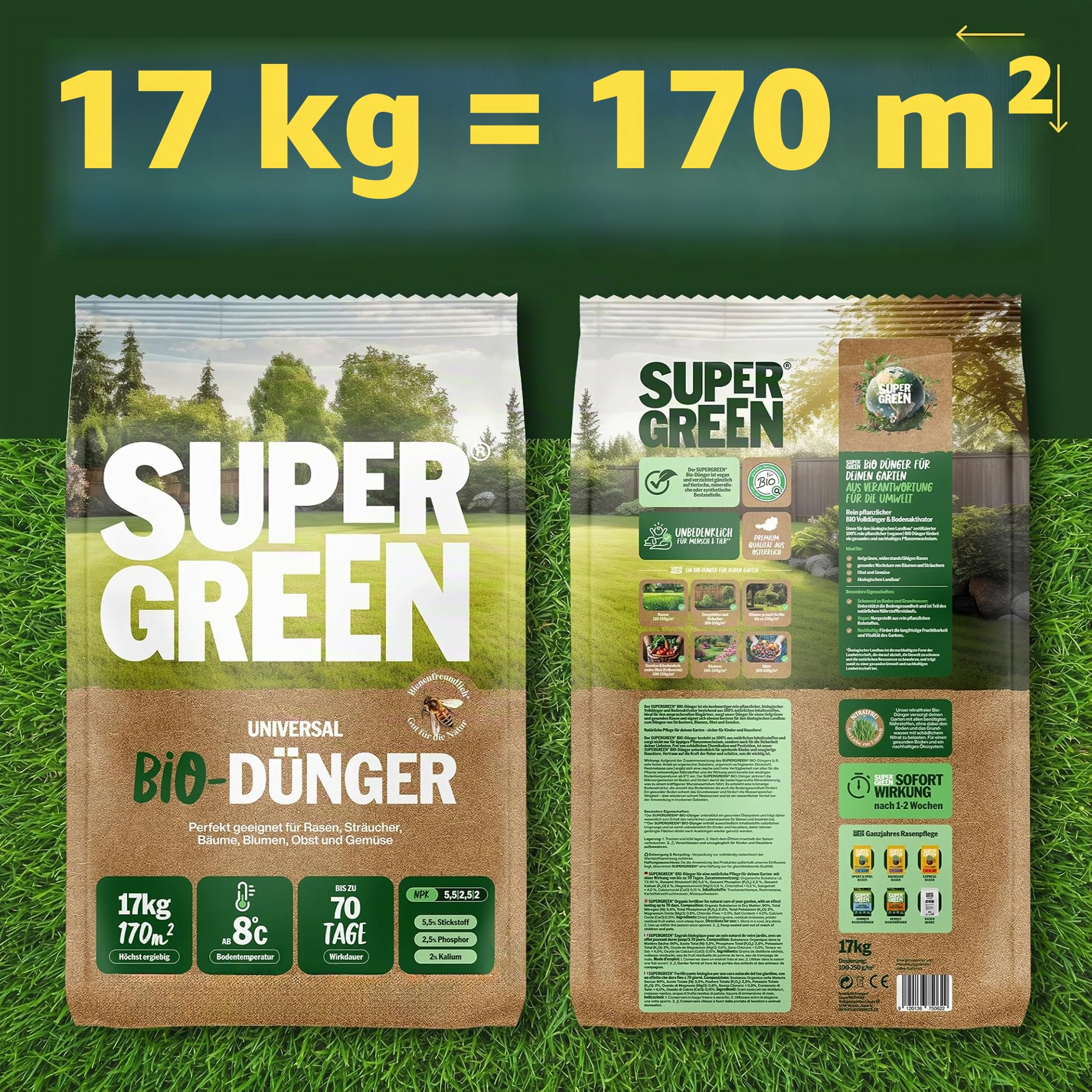 SUPERGREEN Bio-Dünger rein Organisch | 17kg | Langzeit bis 70 Tage | NPK 5,5-2,5-2 für Rasen, Gemüse, Obst & Pflanzen | 100% pflanzlich, vegan & nitratfrei | Feines Granulat | Premium Qualität