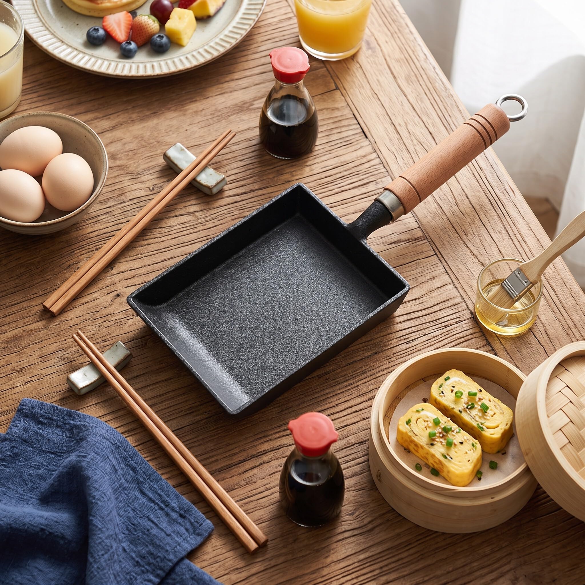 Cocoarm Padella Tamagoyaki in Ghisa con Manico in Legno, per Giapponese, Compatibile con Gas e Alogeno