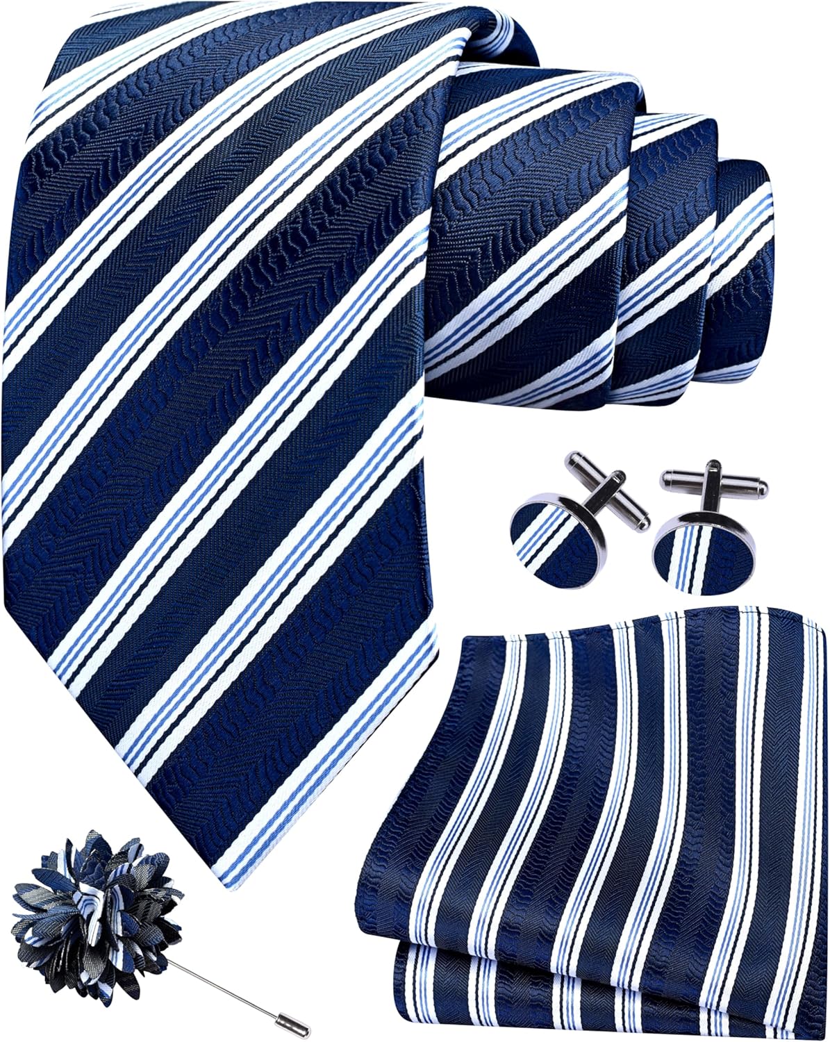 GUSLESON 3.15"(8cm) Striped Tie for Men With Lapel Pin Necktie Hankerchief Cufflinks Set