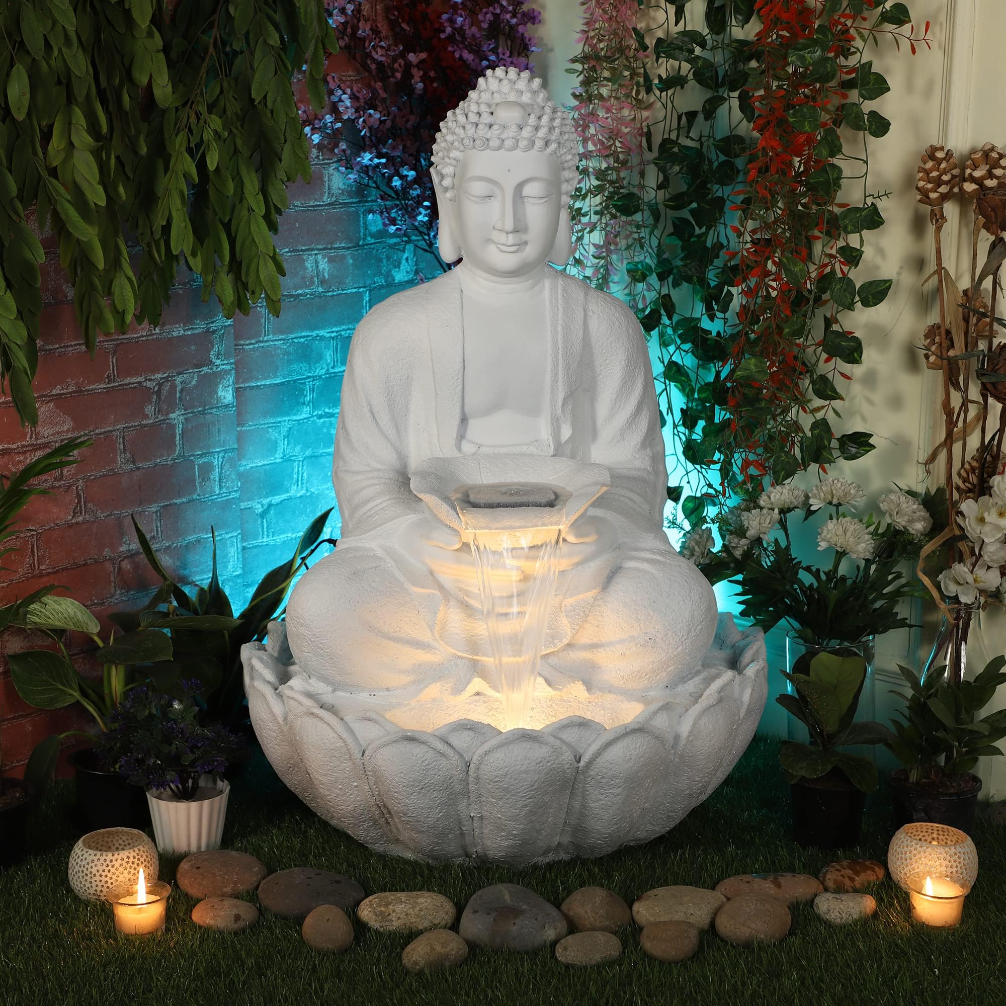 Buddha Resin Water Fountain Large for Home, Office & Garden Decor, (White)