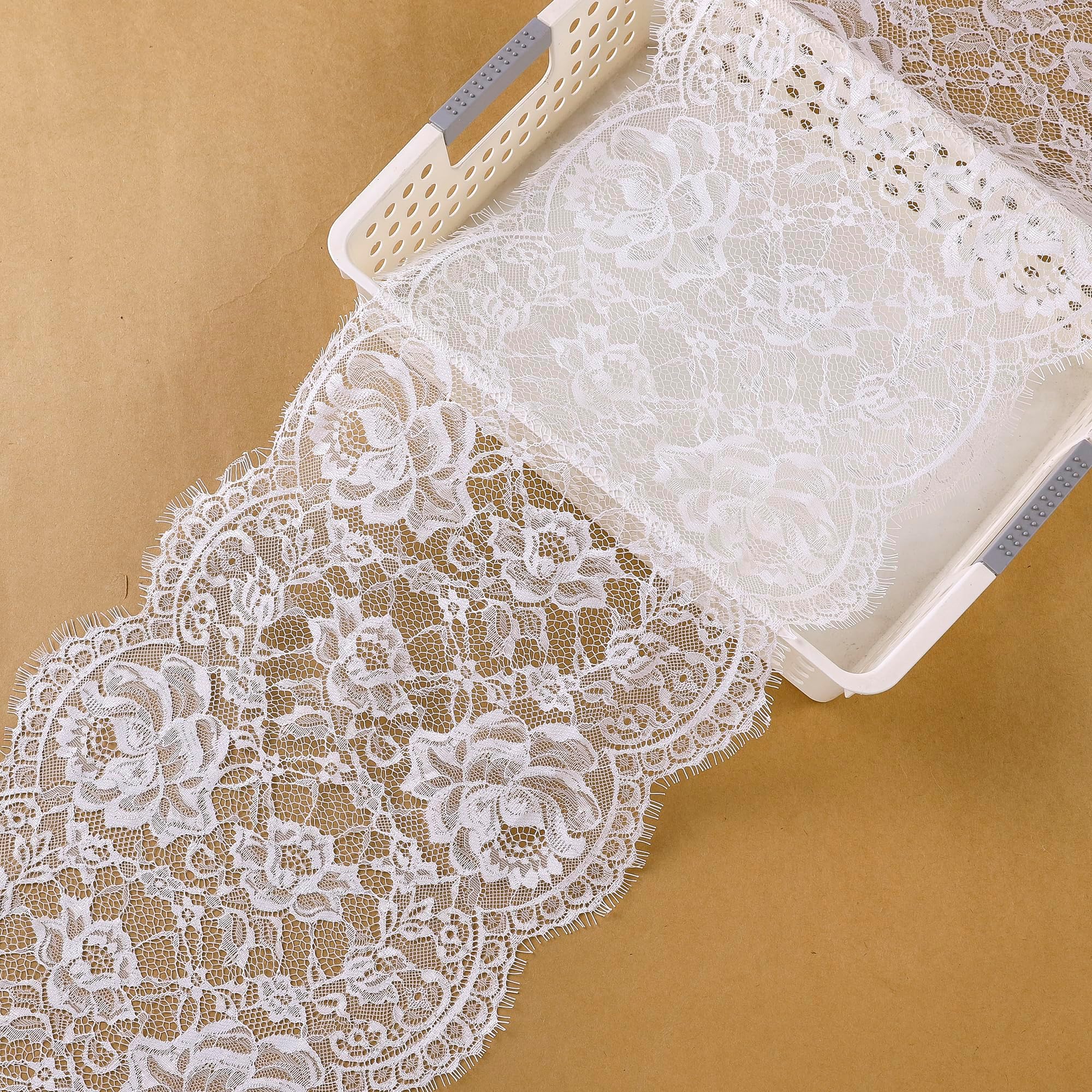 11 Inches by 3 Yards Classic Vintage Flower Pattern French Eyelash Edge Lace Fabric Lace Ribbon Trim Material Clothing Accessory for Sewing, Home Decoraions (White)