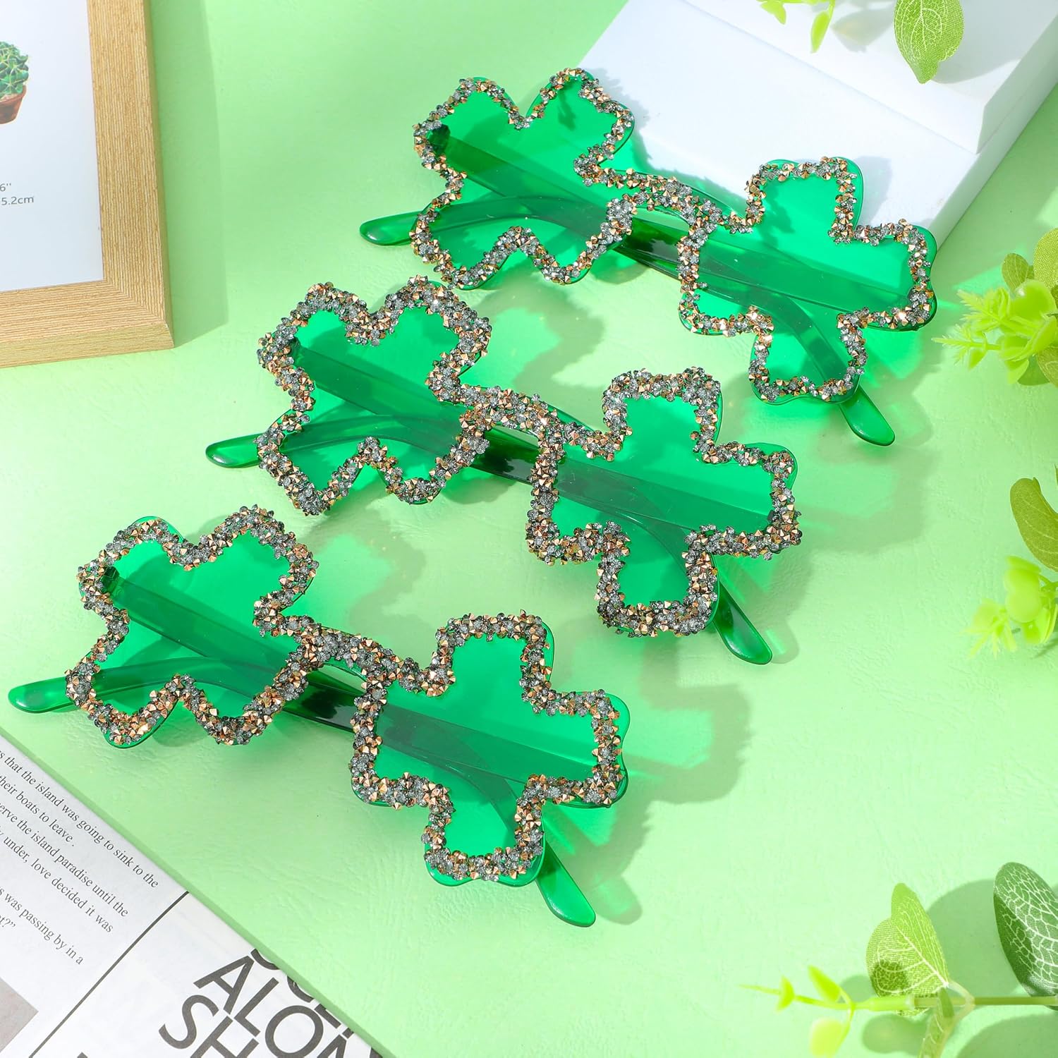 JOYIN 3 Pcs St. Patrick's Day Shamrock Sunglasses, Four Leaf Clover Glasses Green Eyewear for St. Patrick's Carnival Parade Dress Up Accessories Costumes, Party Favors for Men, Women