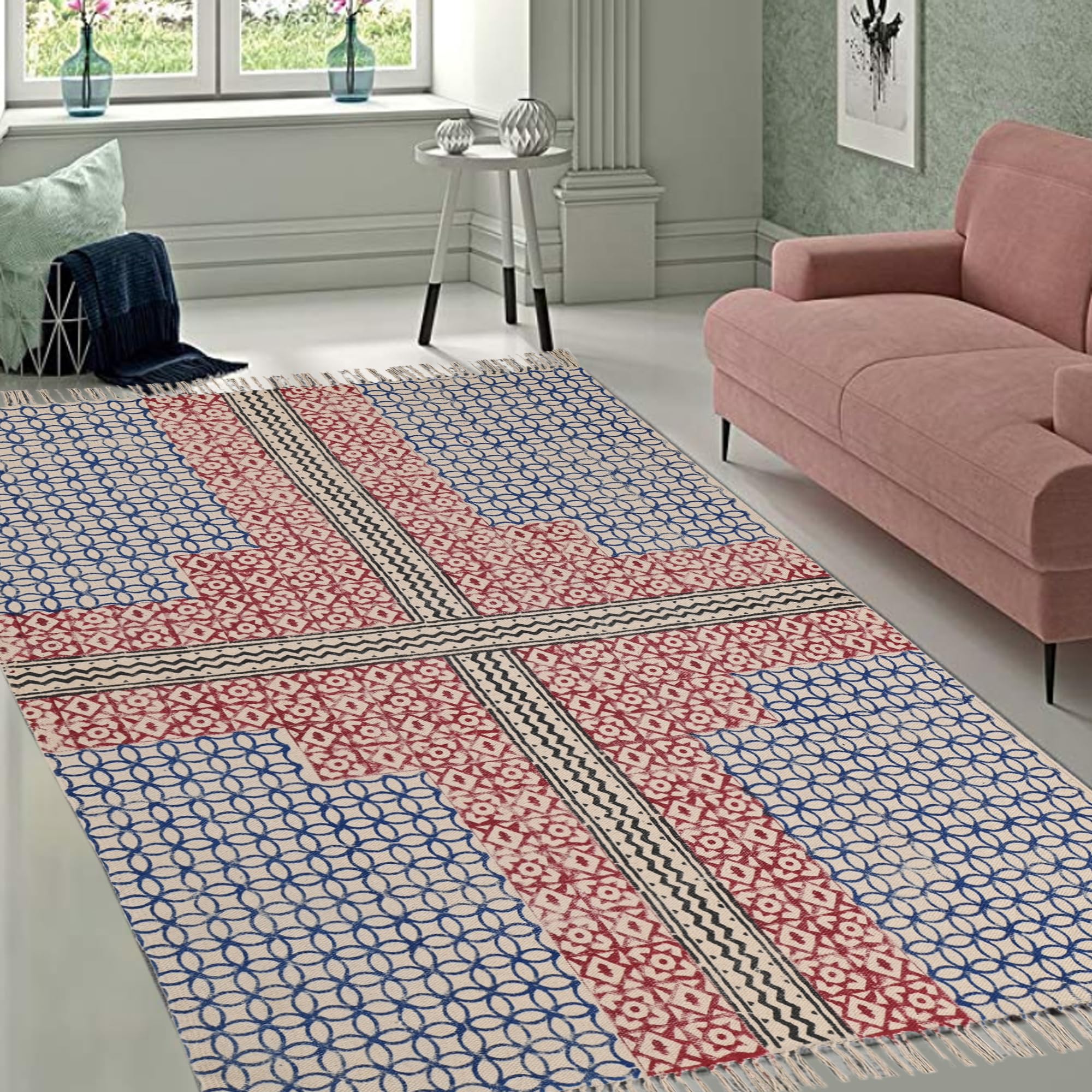 SAMURAI HOME Handwoven Rugs 4x6 Feet | Flat Weave Indian Dhurrie Cotton Block Printed Non Shedding Area Rugs for Living Room, Bedroom, Office, Hall - Design 4 (B0CFFGCBZ8) Amazon Price History, Amazon Price Tracker
