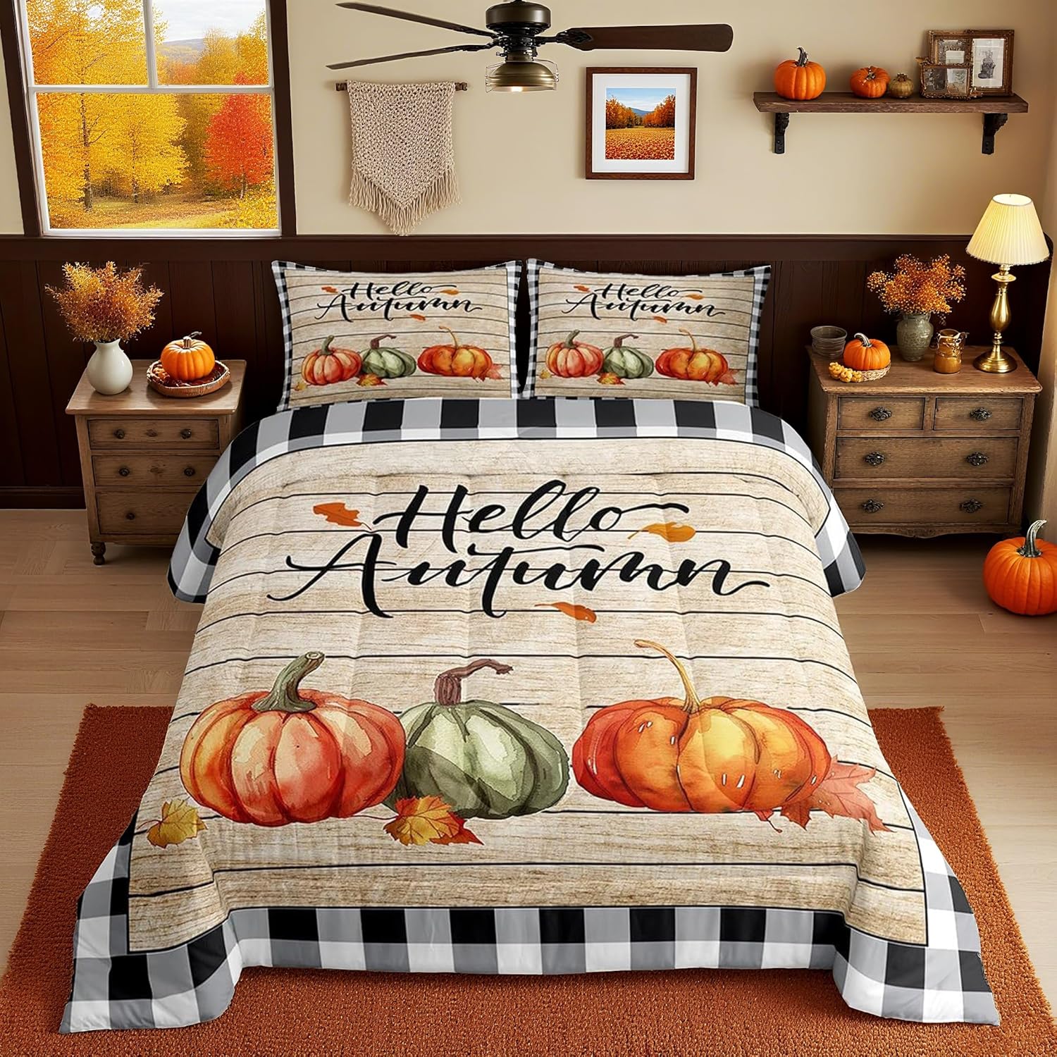 Pumpkin Farm Tractor Comforter Set King Size,Retro Scarecrow Maple Leaves Bedding Set for Kids Boys Girls Adult Fall Room Decor,Rustic Harvest Theme Quilt Set Nature Plants Duvet Insert 3Pcs