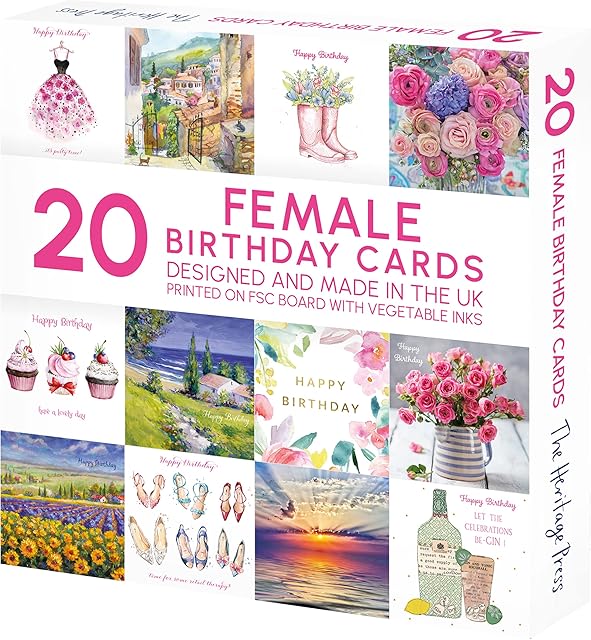 The Heritage Press 20 Pretty Birthday Cards for Women - Multipack of Assorted feminine Greeting Cards with Envelope - 150X150mm - Pack of 20