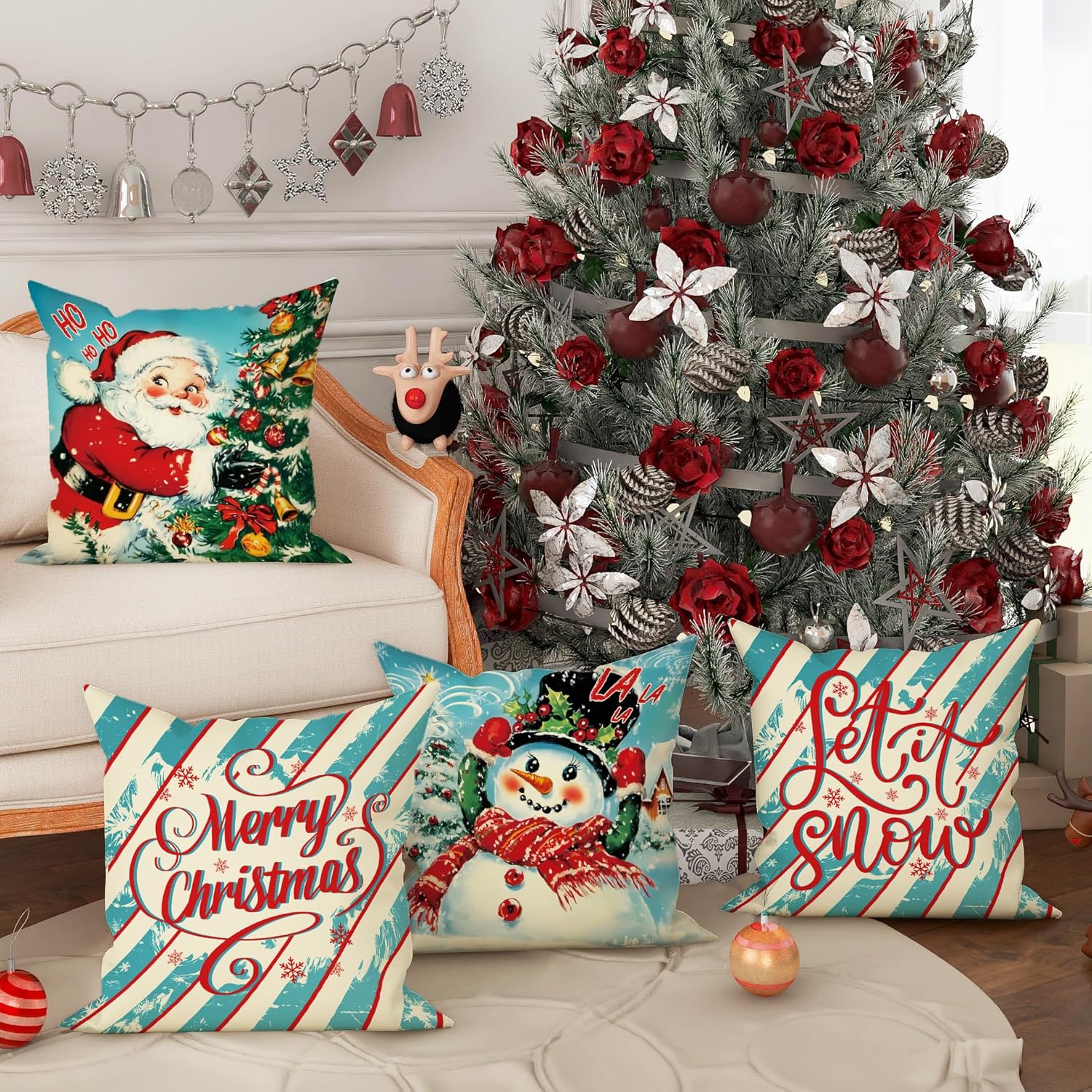 Christmas Pillow Covers Set of 4, Festive Red and Aqua Holiday Throw Pillow Cases, Fun Decorative Square Couch Covers for Home Sofa Bed Decor 20x20 Inch