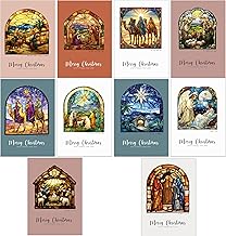 30 Religious Christmas Cards with 15 different Stained Glass Window Artistic designs and 30 Kraft Brown Envelopes made from Recycled Paper