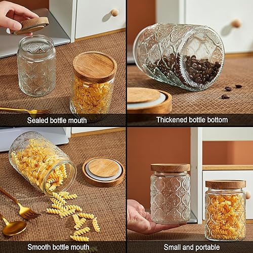 Miniatura 5 de Tarro de almacenamiento de vidrio hermético de boca ancha de 24 onzas2 piezas con tapas de madera, tiene un diseño inferior antideslizante para