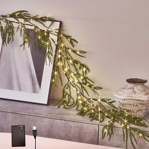 Hairui Guirnalda de pino Norfolk iluminada, 110 luces de hadas con temporizador, guirnalda con luces de 6 pies alimentada por USB y funciona con