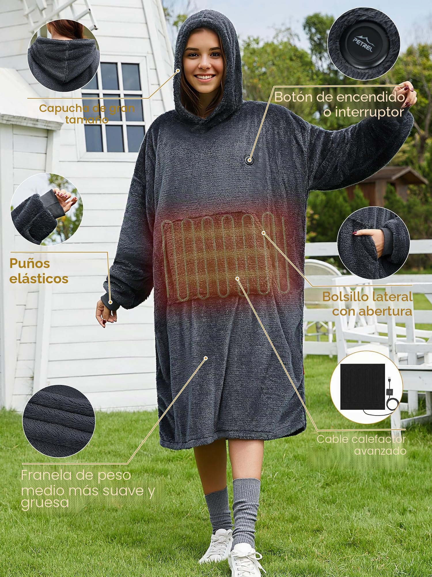 Vofuoti Manta Térmica Ponible con Capucha y Batería, 7.4V Manta Eléctrica de Franela Inalámbrica con Capucha, Cómoda Manta Eléctrica de Gran Tamaño para Interiores, Exteriores, Camping, Viajes