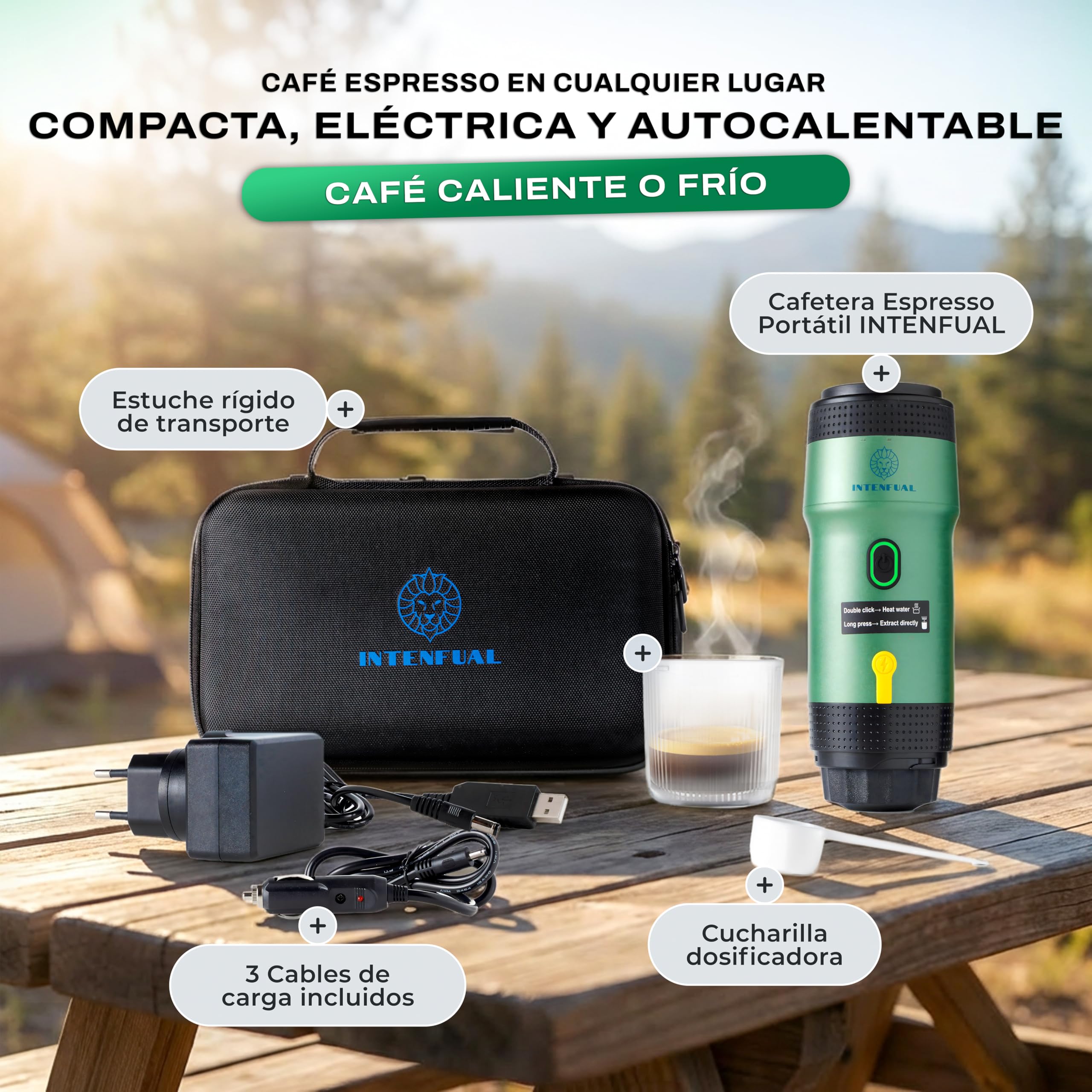 Cafetera Portátil Espresso, Autocalentable con Batería 12V, Compatible con Cápsulas Nespresso, Dolce Gusto y Café Molido para Viajes y Coche, Ideal para Camping y Exterior