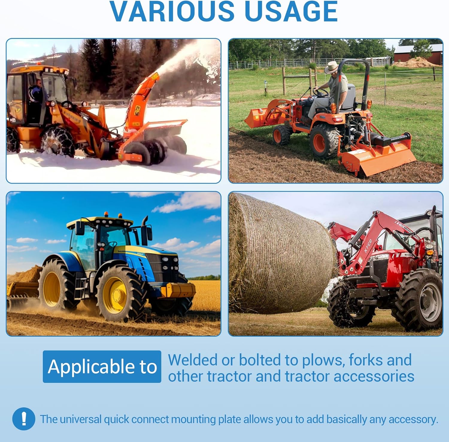 Heavy-Duty General Skid Steer Mount Plate – Quick Tach Loader Attachment Adapter for Kubota & Compact Tractors – Durable 12mm (1/2") Grade 50 Steel Construction – Agricultural & Engineering Machinery