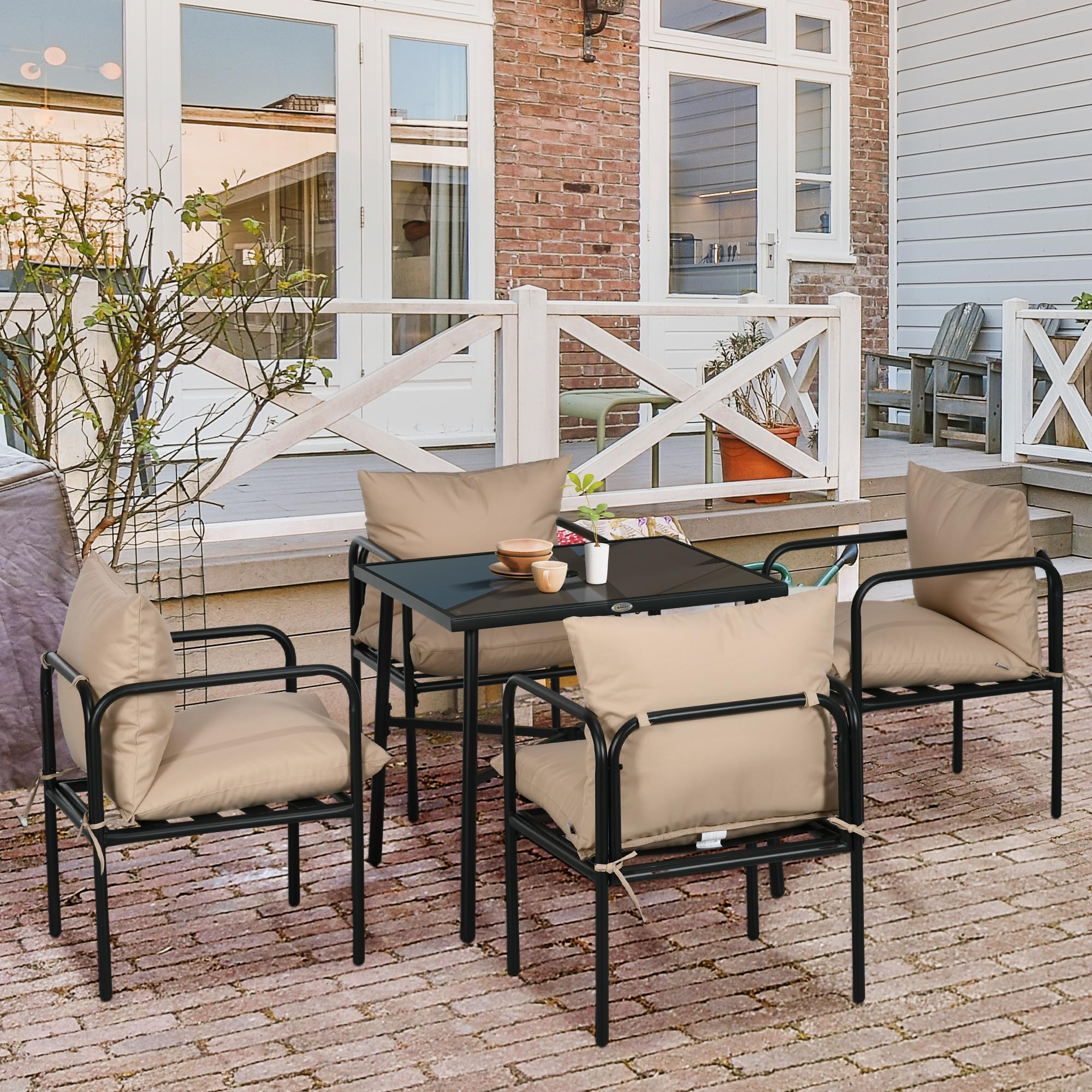 Outsunny Set da giardino in acciaio 5 pezzi con tavolo da pranzo quadrato