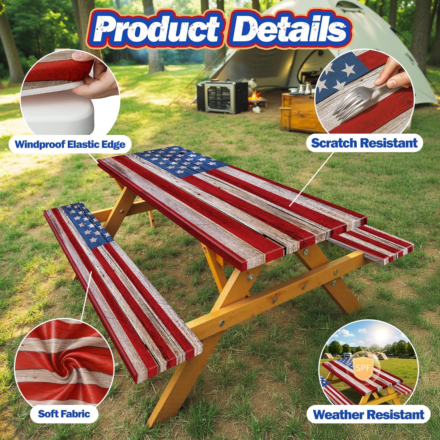 YPHCDO Picnic Table Cover with Bench Covers American Flag Waterproof Windproof Fitted Outdoor Tablecloth with Elastic Rectangle Camping Accessories 72x30 Inch