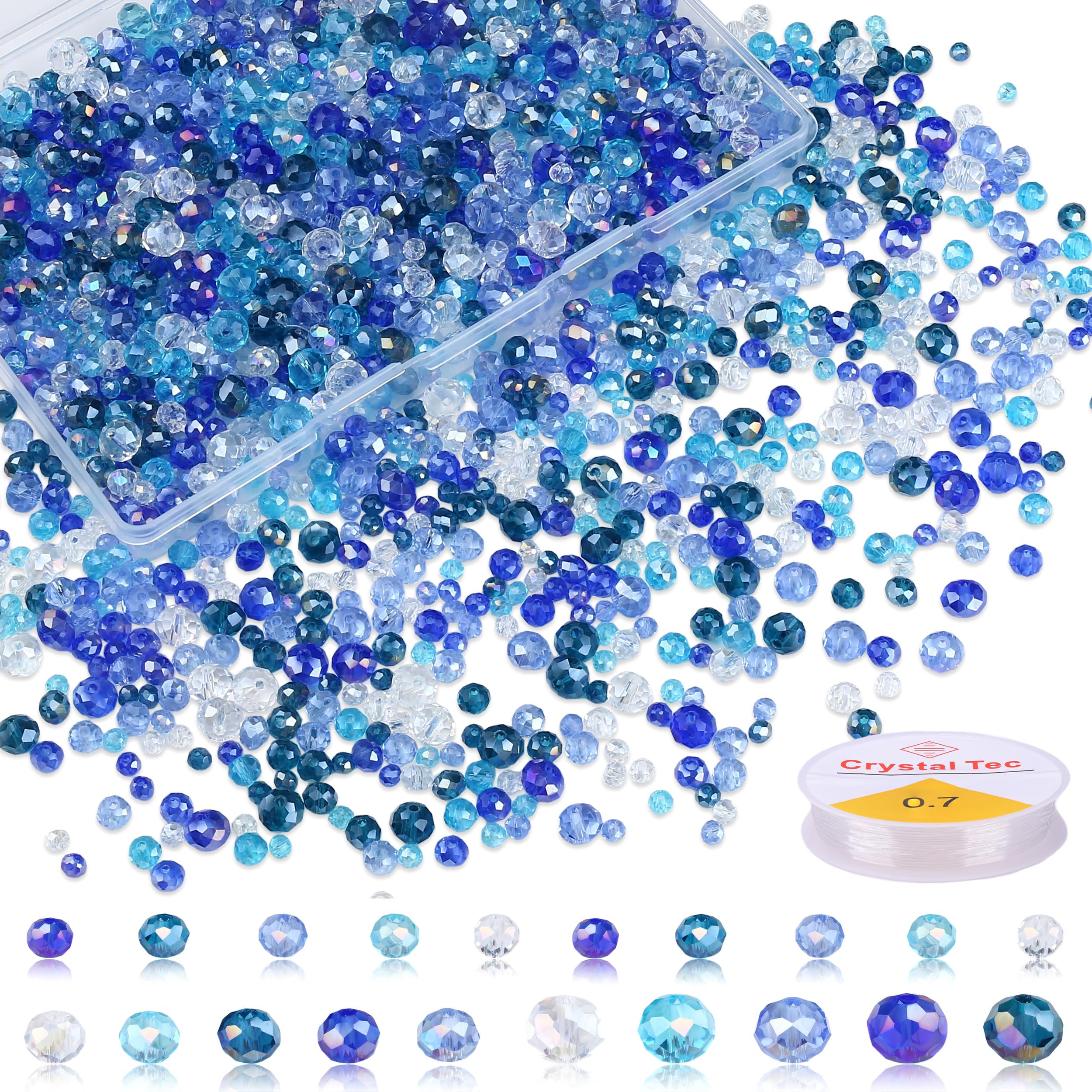 XIANNVXI 1100Pcs Faceted Blue Glass Beads for Jewellery Making,4/6/8mm Mixed Loose Craft Blue Beads with Elastic String&Storage Box,for DIY Necklace Bracelet Jewelry Making Suncatcher Kit