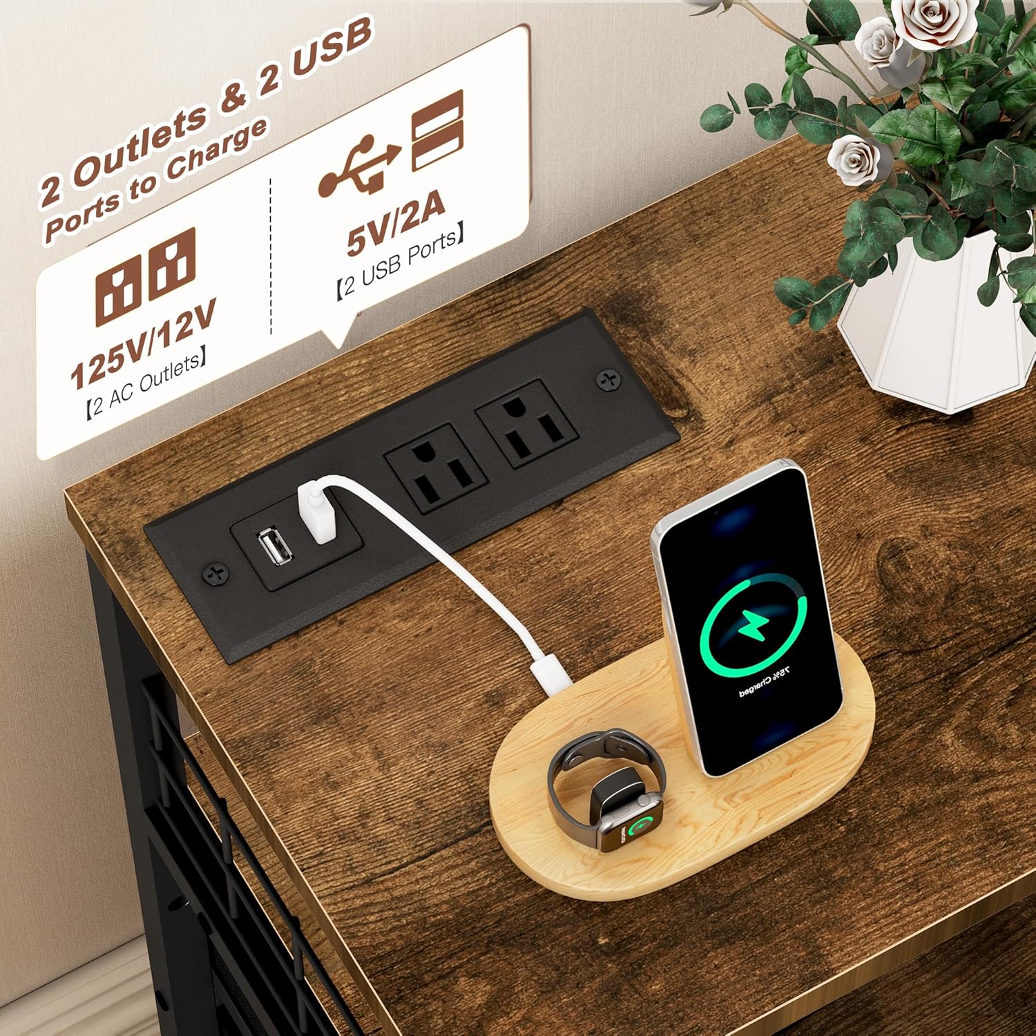 21.8"W Nightstand with Charging Station & LED Lights, Bedside Table with 4 Fabric Drawers, Night Table with Safety Netting Open Wood Shelf Storage for Bedroom, Table with WoodTop, Rustic Brown - Image 4