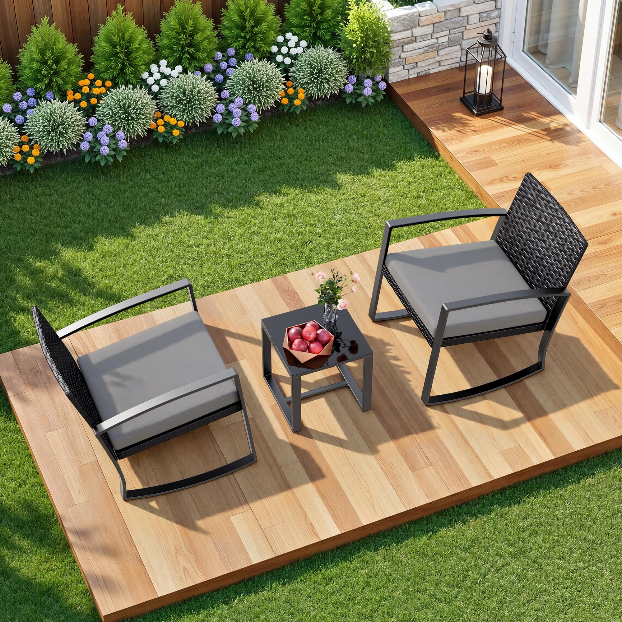 Xbro Conjunto de Bistró para Patio, 3 Piezas, Juego de 2 Sillas Mecedoras de Ratán con Mesa de Jardín, Muebles de Exterior para Terraza, Balcón y Porche