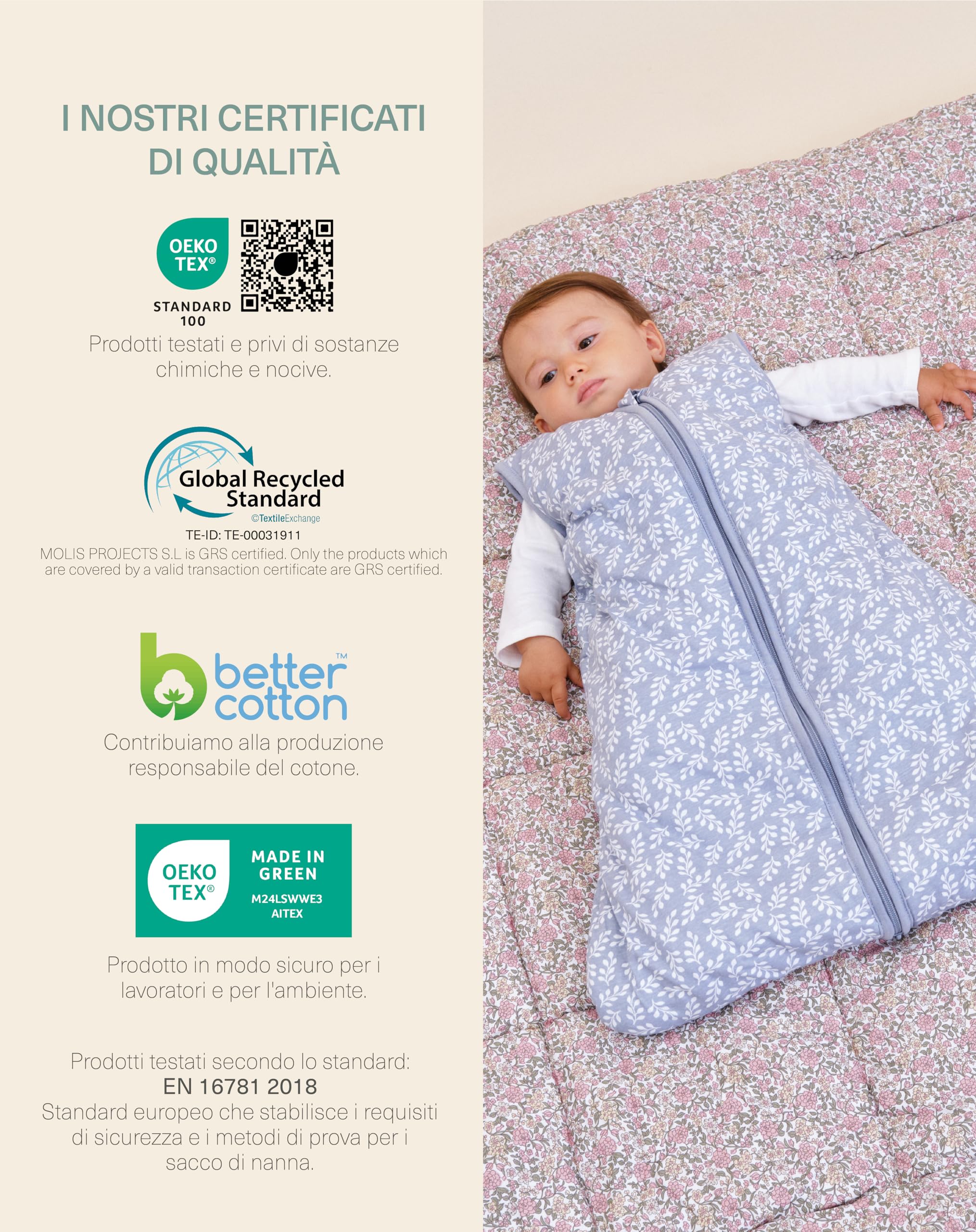 molis&co - Sacco Nanna - Sacco nanna invernale per Neonati e Bambini - Sacchi Nanna 2.5 tog - 100% Cotone (Oeko-TEX 100) - Blue Garden (6 a 18 mesi)
