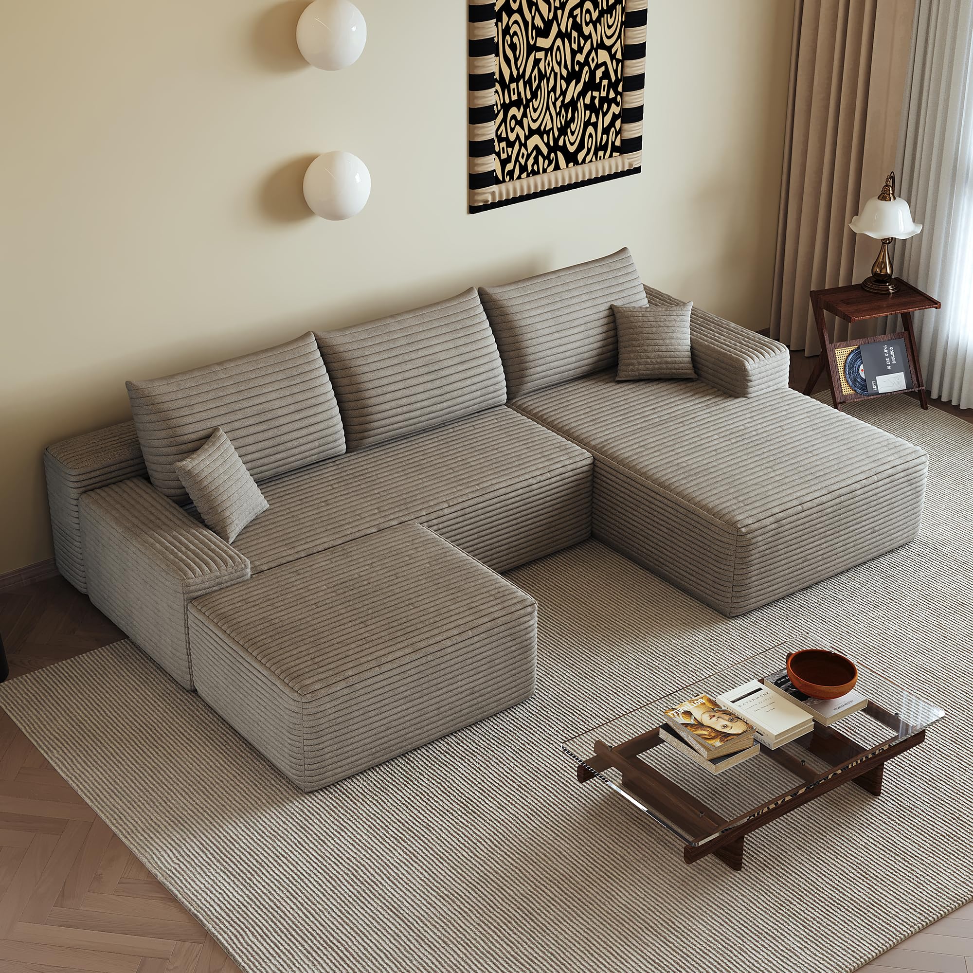 Sapgaks Canapé d'angle Convertible modulaire sans Cadre 270cm,canapé 3 Places avec méridienne à Gauche,Pouf,canapé Convertible en Velours côtelé,Assise Profonde,sans Montage,Camel