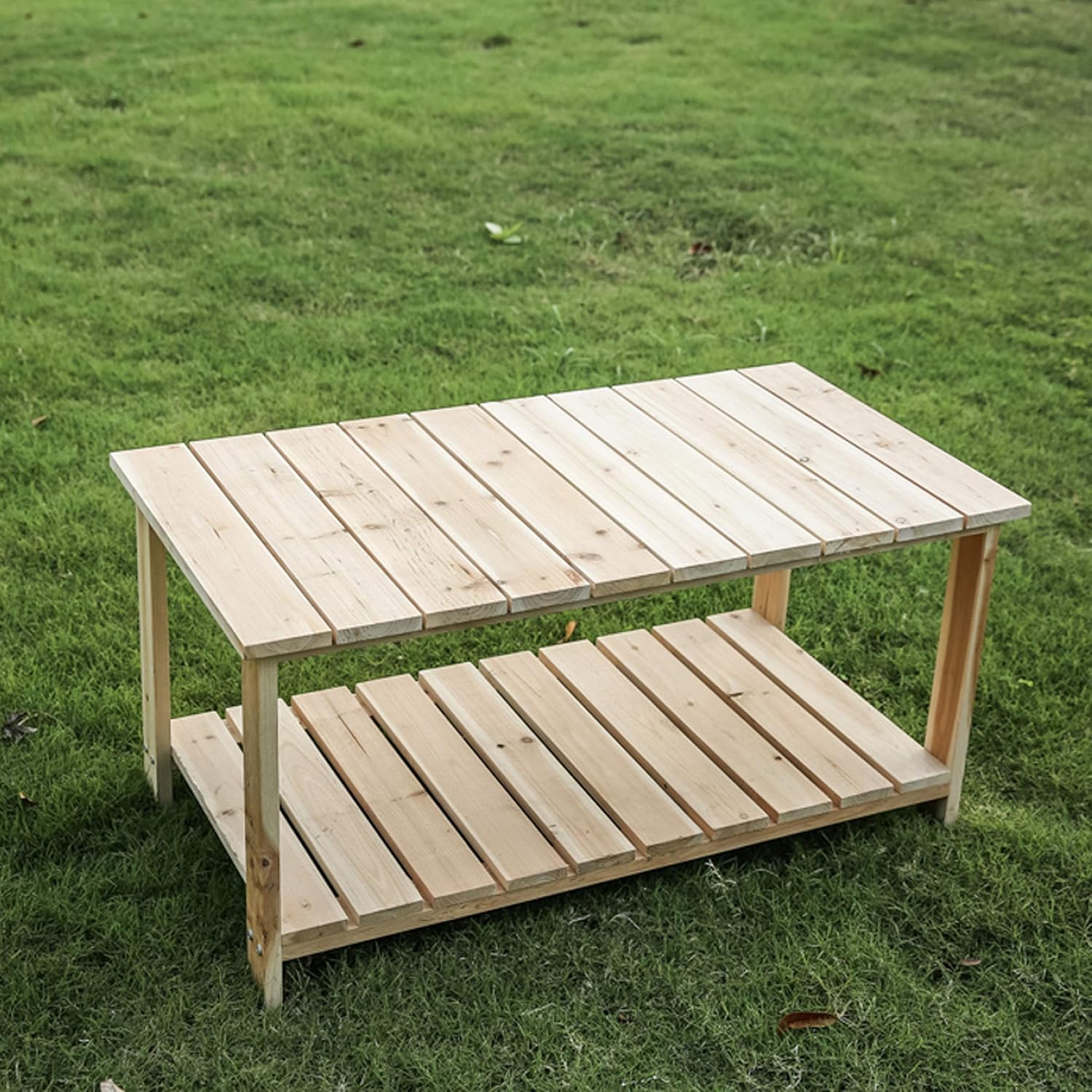 LOKATSE HOME Outdoor Natural Wood Coffee Table with 2-Tier Storage Farmhouse Style : Patio, Lawn & Garden