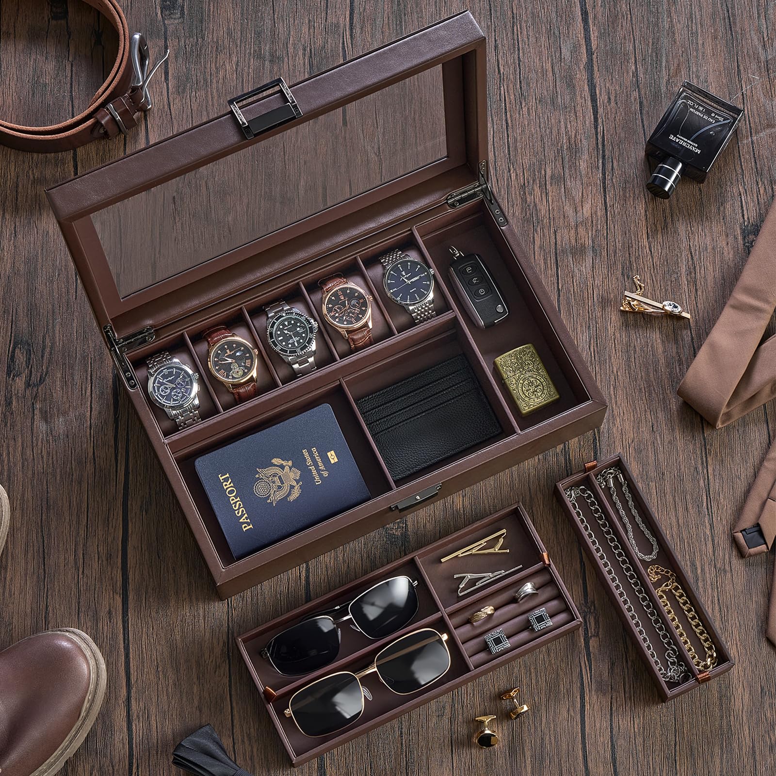 ProCase Orologio Scatola Gioielli Organizzatore, 5 Slot Vetrina Orologio in Pelle con Coperchio di Vetro Trasparente Divisori Rimovibili Scatola Gioielli Per Anelli Braccialetti Occhiali-Espresso