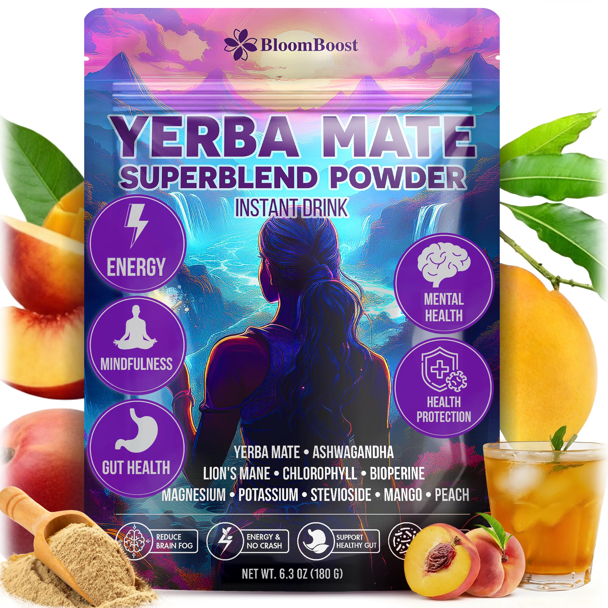 Yerba Mate Instant Tea Powder – Yerba Mate, Ashwagandha, Lion’s Mane, Chlorophyll, Peach Mango Flavor – 6.34 oz (18 Servings) – Sugar-Free, Gluten-Free, Superfood Energy & Focus Blend