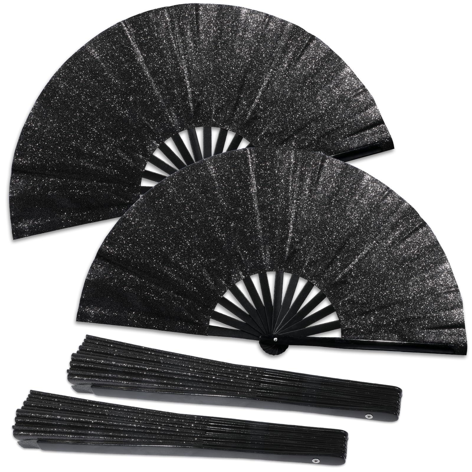 Qyeahkj2 Pcs Glitter Large Rave Fan Black Folding Hand Fan Rave Clack Handheld Fan Fabric Decorative Foldable Chinese Tai Chi Kung Fu Fan for EDM Club Party Dance Performance for Men Women