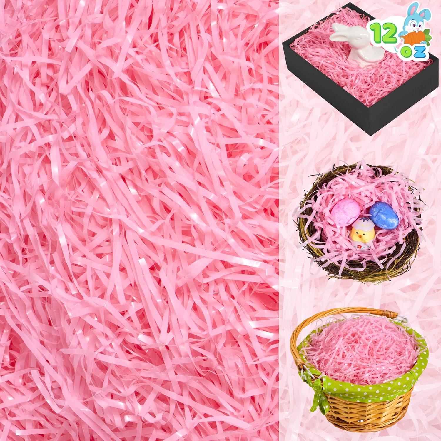 JOYIN 12oz (340g) Easter Grass, Pure Pink Plastic Fake Grass, Shred Raffia for Easter Egg Hunt, Basket Stuffer Fillers, Party Bag Decor Favors, Gift Wrapping