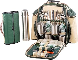 Greenfield Collection Super Deluxe Forest Green Picnic Backpack Hamper for Four People with Matching Picnic Blanket