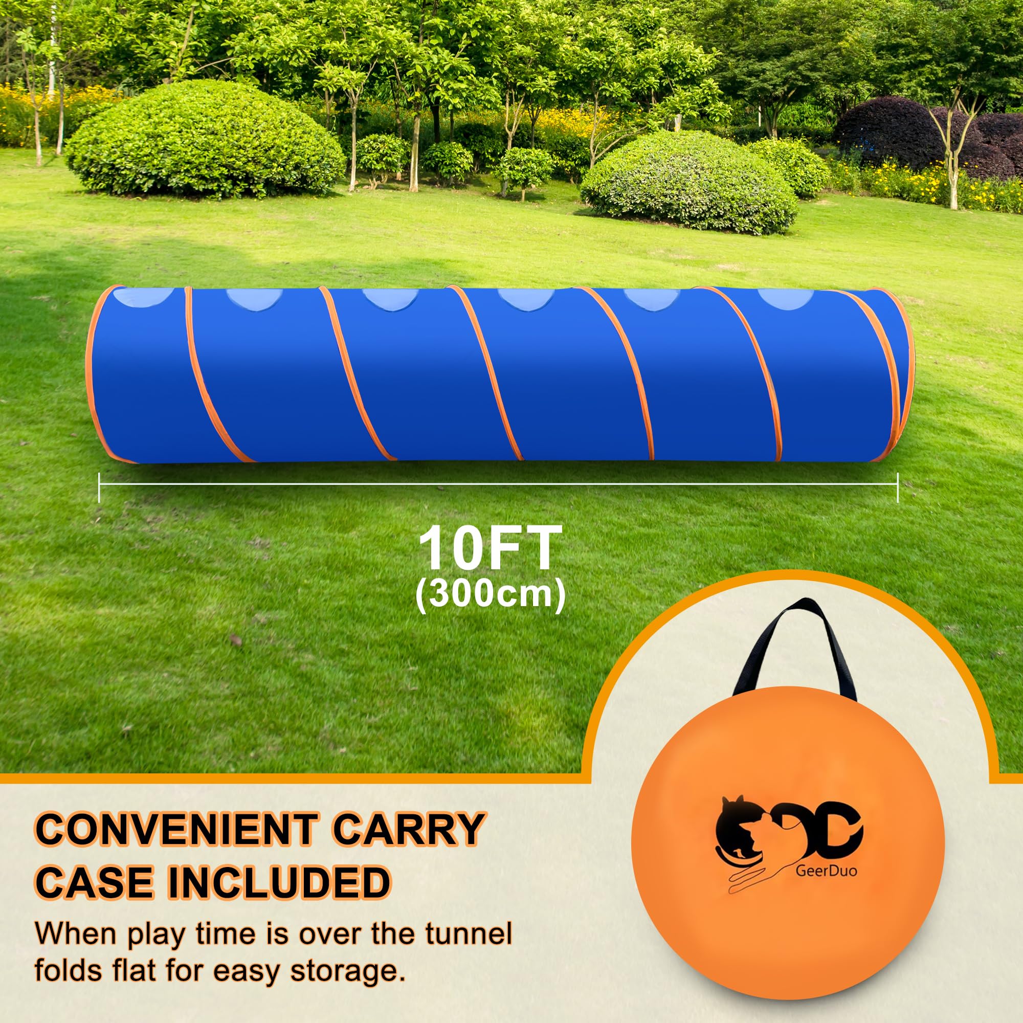 Agility-Tunnel für Hunde, 3 m, reißfester Oxford-Tuch, Trainingstunnel für alle Rassen, Innen- und Außenbereich, mit 4 Heringen und Tragetasche (Blau + Orange)