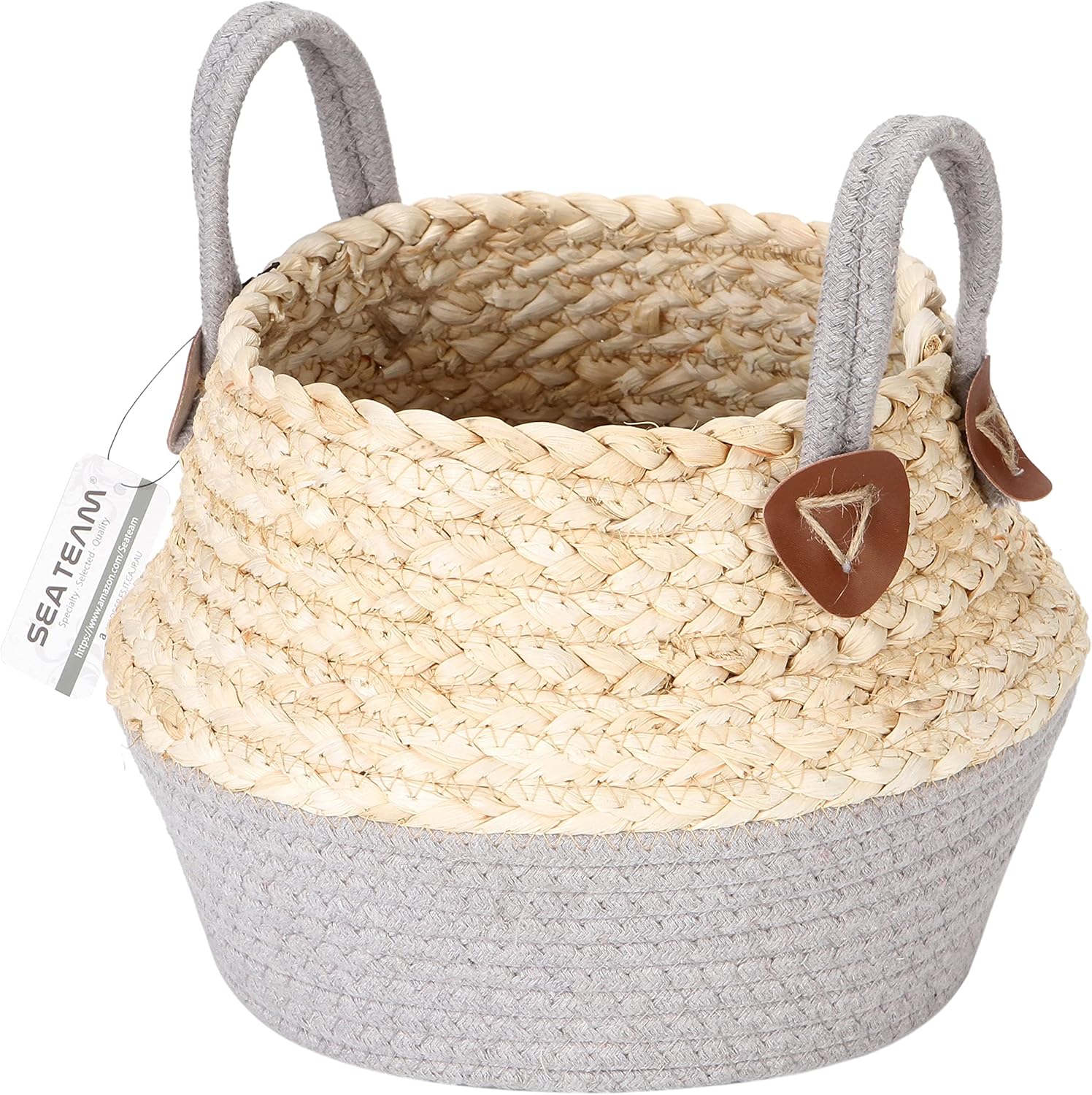 Sea Team Seagrass Belly Cotton Straw Storage Basket Leather Handle