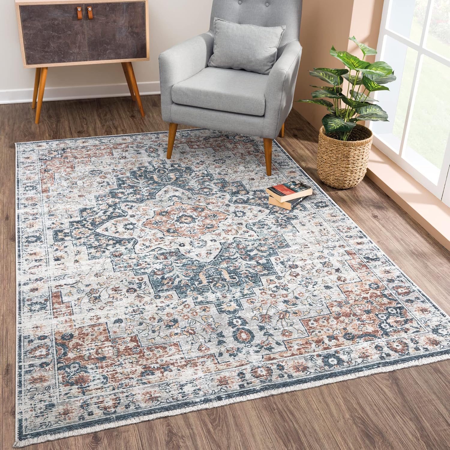 bloom rugs caria washable non-slip 4x6 rug - terracotta/teal traditional area rug for living room, bedroom, dining room, and kitchen - exact size: 4' x 6' 4' x 6' (rectangular) terracotta / teal