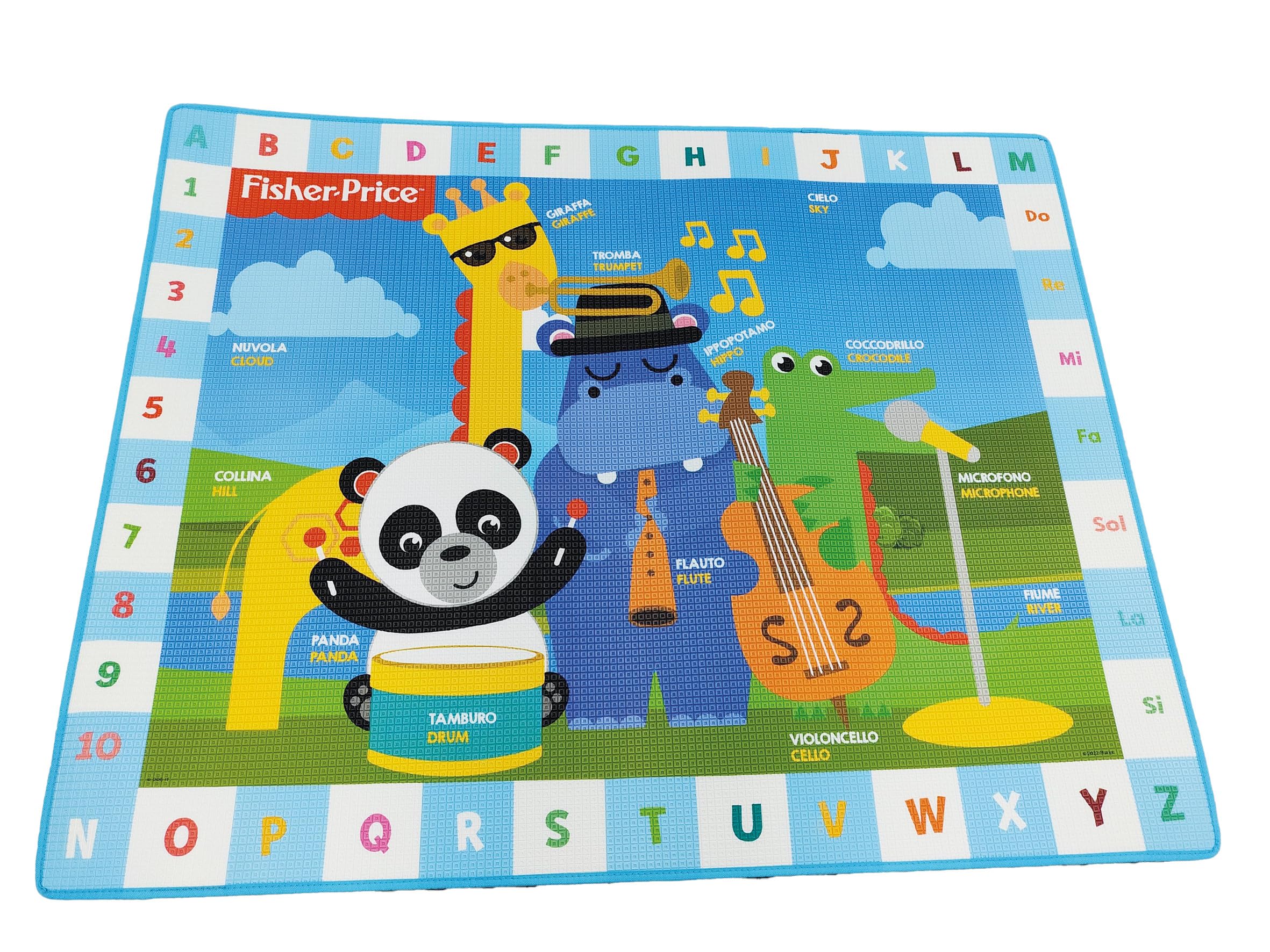 ODS - Fisher Price, Tappeto da Gioco Bambini 150 x 120 cm, Tappetone Morbido Educativo con Disegni, Alfabeto, Numeri e Note Musicali, Spessore 7 mm