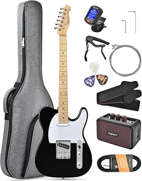 Leo Jaymz Beginner Electric Guitar Complete Kit with Portable Amp, Padded Gig Bag & Full Accessories, Maple Neck TL-Black