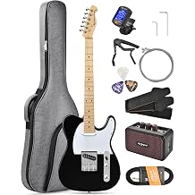 Leo Jaymz Beginner Electric Guitar Complete Kit with Portable Amp, Padded Gig Bag & Full Accessories, Maple Neck TL-Black